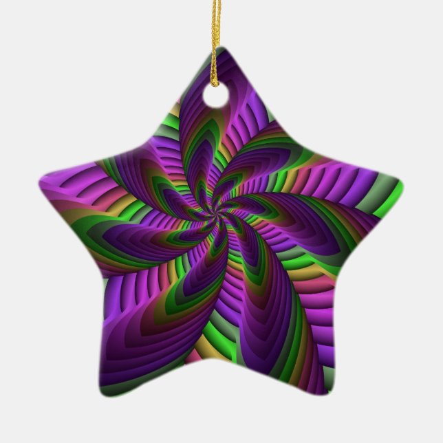 Groovy Energetic Colourful Neon Fractal Pattern Ceramic Ornament (Front)
