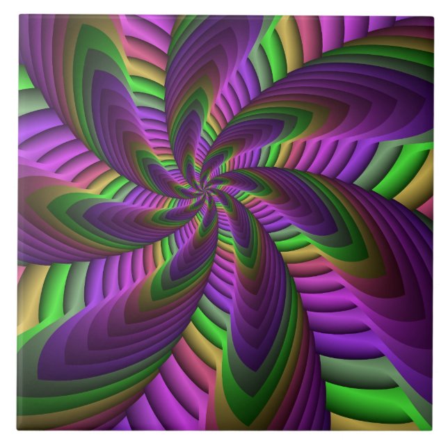 Groovy Energetic Colourful Neon Fractal Pattern Ceramic Tile (Front)
