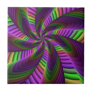 Groovy Energetic Colourful Neon Fractal Pattern Ceramic Tile