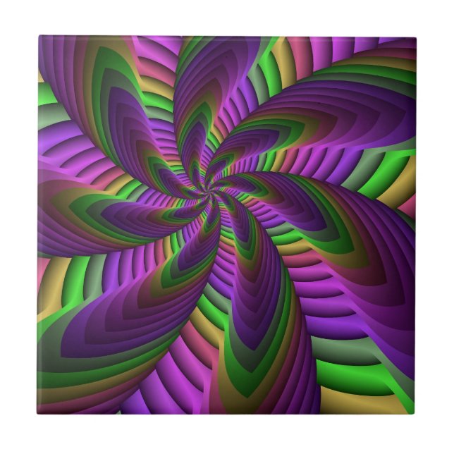 Groovy Energetic Colourful Neon Fractal Pattern Ceramic Tile (Front)
