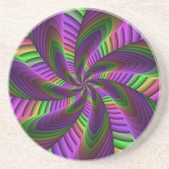 Groovy Energetic Colourful Neon Fractal Pattern Coaster (Front)