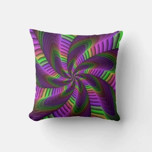 Groovy Energetic Colourful Neon Fractal Pattern Cushion (Front)