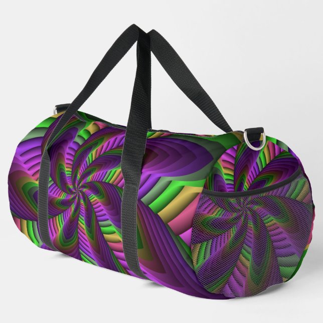 Groovy Energetic Colourful Neon Fractal Pattern Duffle Bag (Right Corner)