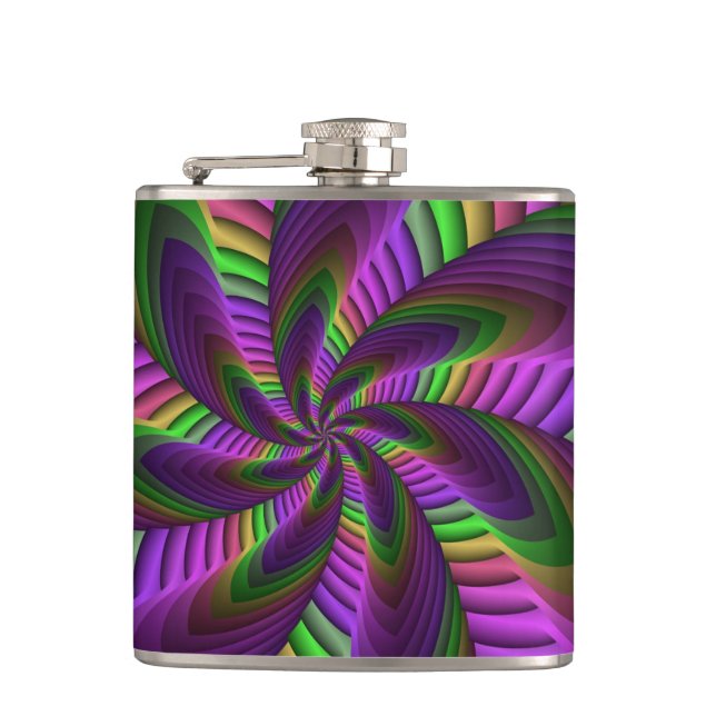 Groovy Energetic Colourful Neon Fractal Pattern Hip Flask (Front)