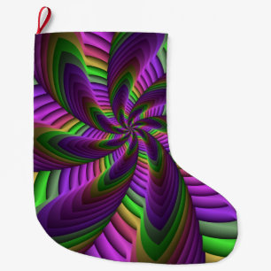Groovy Energetic Colourful Neon Fractal Pattern Large Christmas Stocking