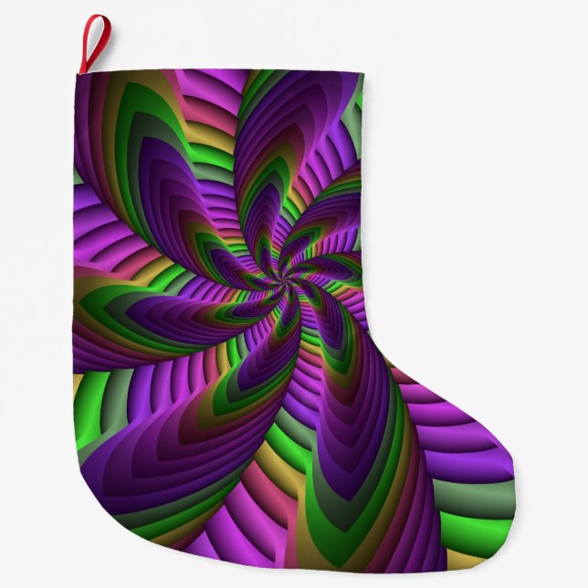 Groovy Energetic Colourful Neon Fractal Pattern Large Christmas Stocking (Front)