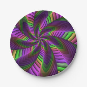 Groovy Energetic Colourful Neon Fractal Pattern Paper Plate