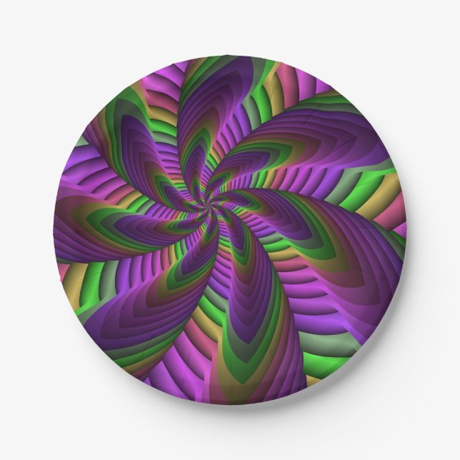 Groovy Energetic Colourful Neon Fractal Pattern Paper Plate (Front)