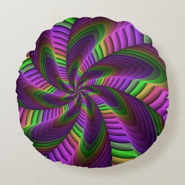Groovy Energetic Colourful Neon Fractal Pattern Round Cushion (Front)
