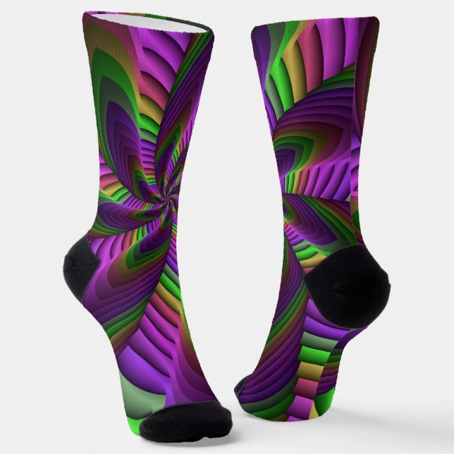 Groovy Energetic Colourful Neon Fractal Pattern Socks (Angled)