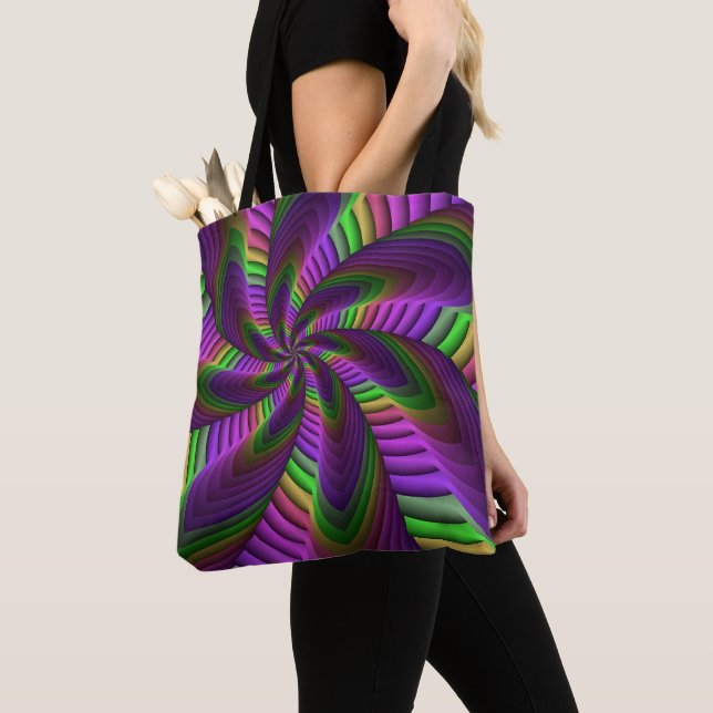 Groovy Energetic Colourful Neon Fractal Pattern Tote Bag (Close Up)
