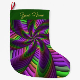 Groovy Energetic Neon Colours Fractal Pattern Name Large Christmas Stocking