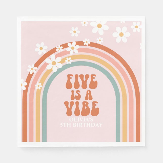 Groovy Five is a vibe daisy rainbow 5th birthday Napkin (Front)