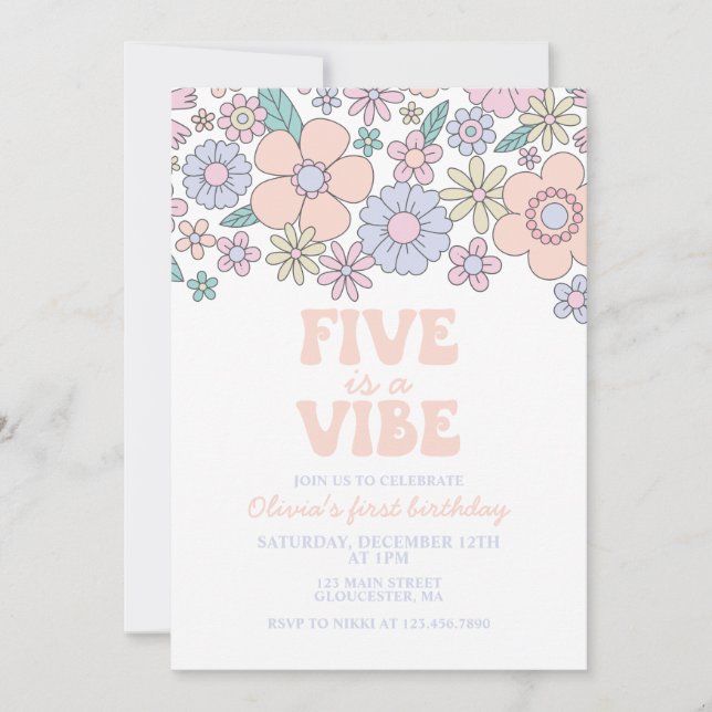 Groovy Five is a Vibe Retro Floral 5th birthday Invitation (Front)