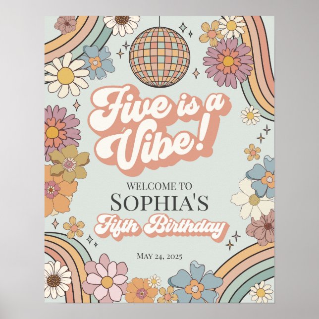 Groovy Floral 5th Birthday Retro Welcome Sign (Front)