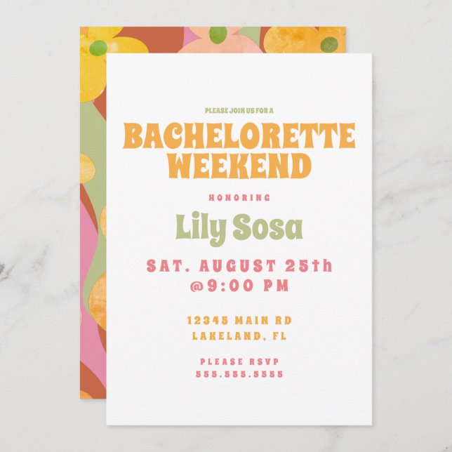 Groovy Floral 80s Retro Bachelorette Weekend Invitation (Front/Back)