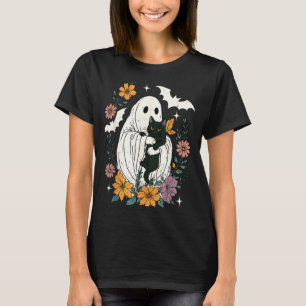 Groovy Floral Halloween Spooky Ghost Holding Black T-Shirt