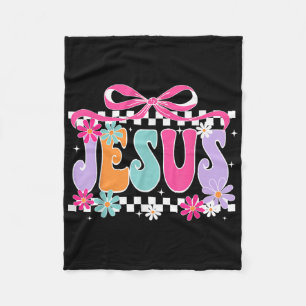Groovy Floral Jesus Coquette Bow Religious Christi Fleece Blanket