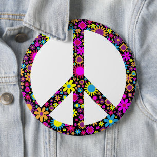 GROOVY FLORAL PEACE SIGN 6 CM ROUND BADGE