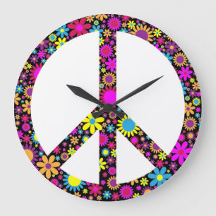 GROOVY FLORAL PEACE SIGN LARGE CLOCK