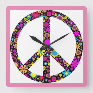 GROOVY FLORAL PEACE SIGN SQUARE WALL CLOCK