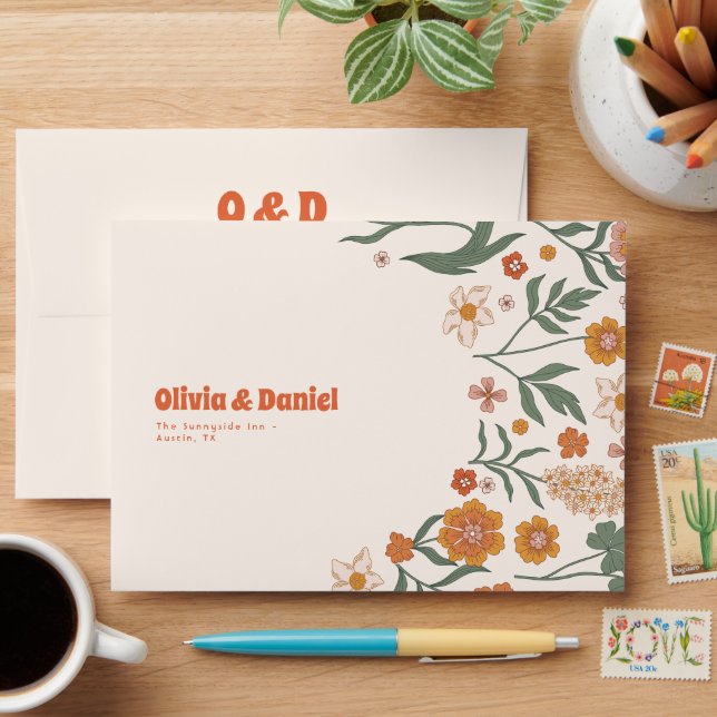 Groovy Floral Vintage Retro Wedding Envelope (Desk)