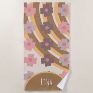 Groovy Florals Rainbow Brown Name  Beach Towel