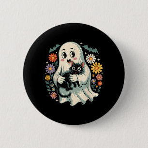 Groovy Flower Ghost Holding Black Cat Halloween 6 Cm Round Badge