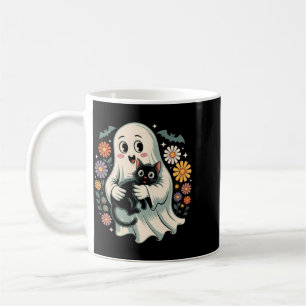 Groovy Flower Ghost Holding Black Cat Halloween Coffee Mug