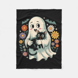 Groovy Flower Ghost Holding Black Cat Halloween Fleece Blanket
