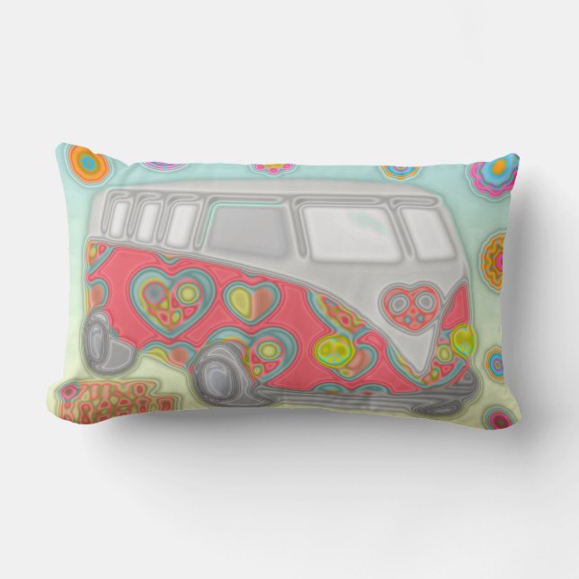 Groovy Flower Power 60s Hippy Van Throw Pillow (Front)