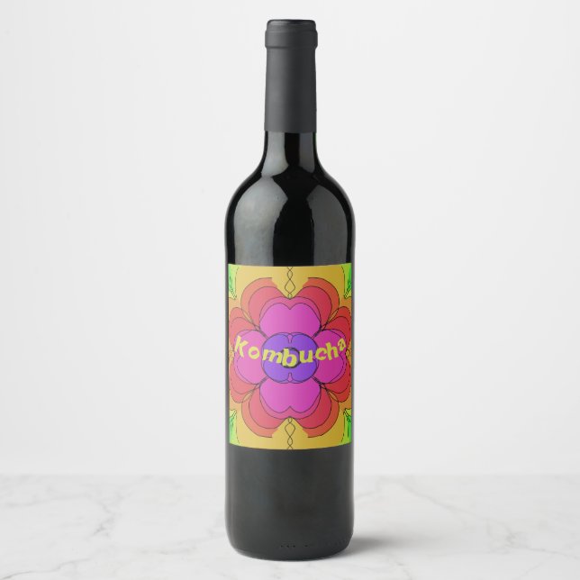 Groovy Flower Power 70s Square Kombucha Wine Hooch Wine Label (Front)