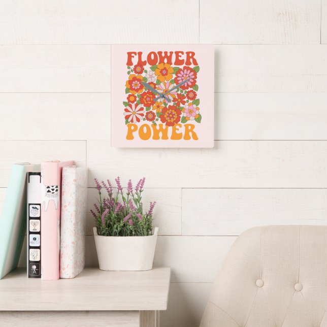 Groovy Flower Power Graphic Square Wall Clock (Reading Room)