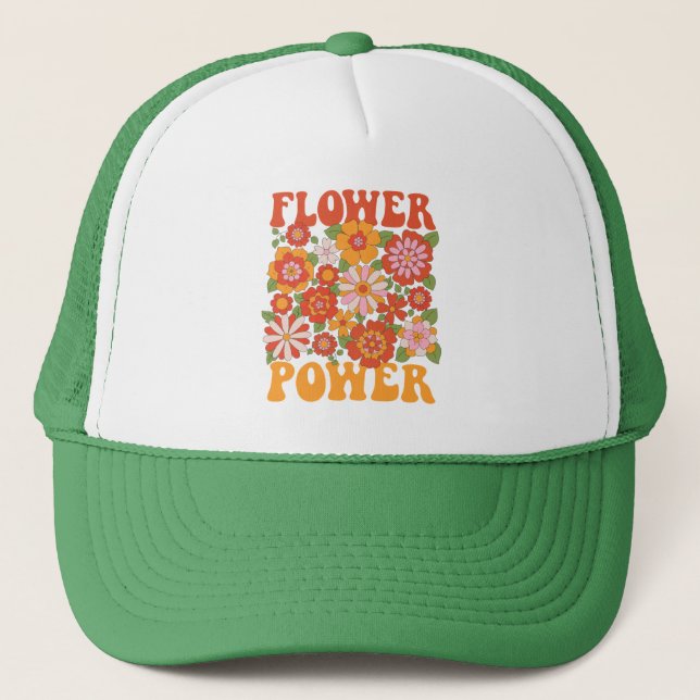 Groovy Flower Power Graphic Trucker Hat (Front)