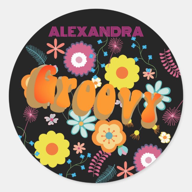 Groovy Flower Power Pink Black Classic Round Sticker (Front)