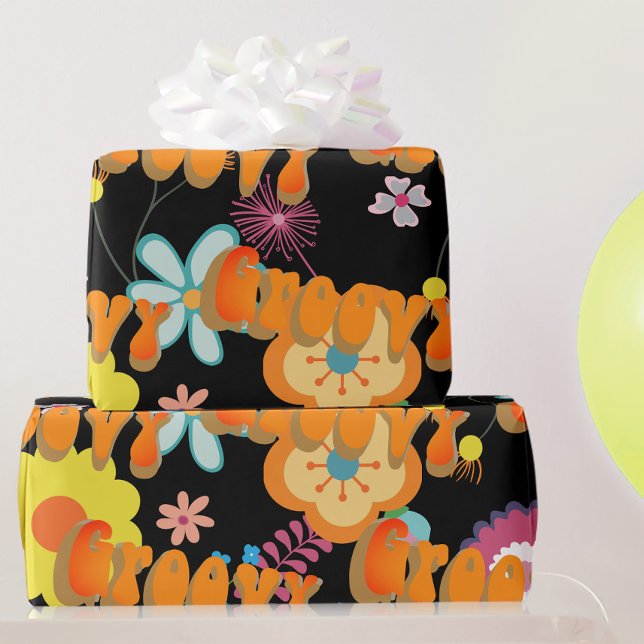 Groovy Flower Power Pink Black Wrapping Paper (Creator Uploaded)