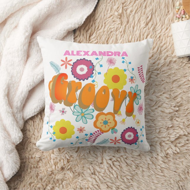 Groovy Flower Power Pink White Cushion (Blanket)