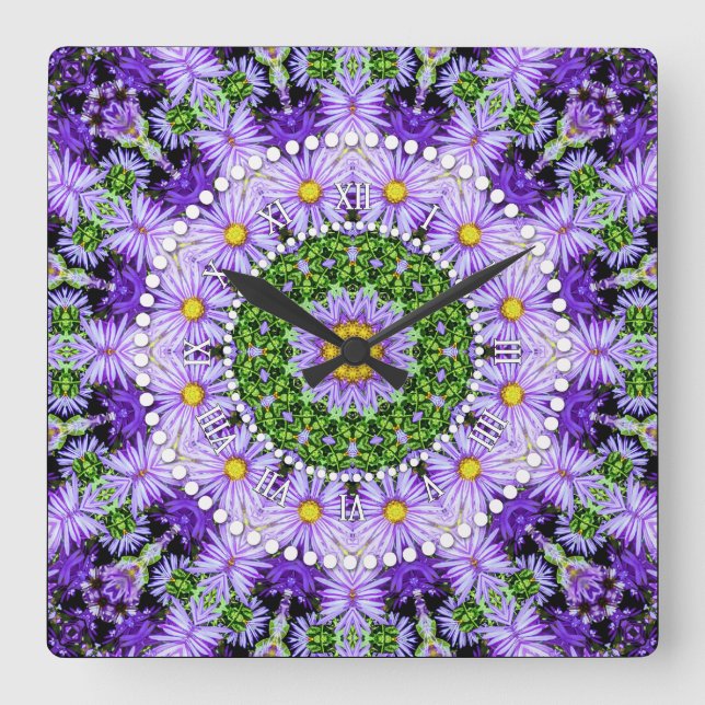 Groovy Flower Power Purple Lilac Green Square Wall Clock (Front)