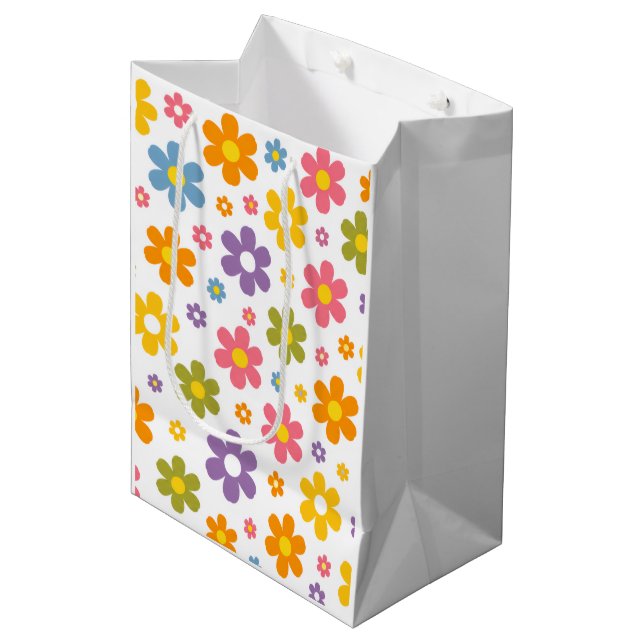 Groovy Flower Power (White) Medium Gift Bag (Front Angled)
