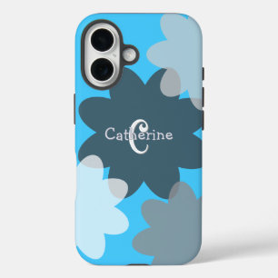Groovy Flower Shapes Blue Monogrammed iPhone 16 Case