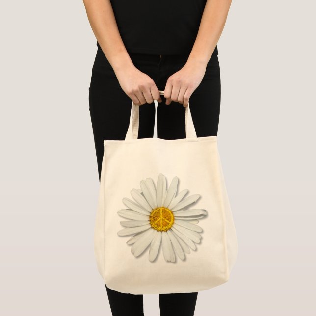 Groovy Flower White Daisy Hippie Peace Sign Symbol Tote Bag (Front (Product))