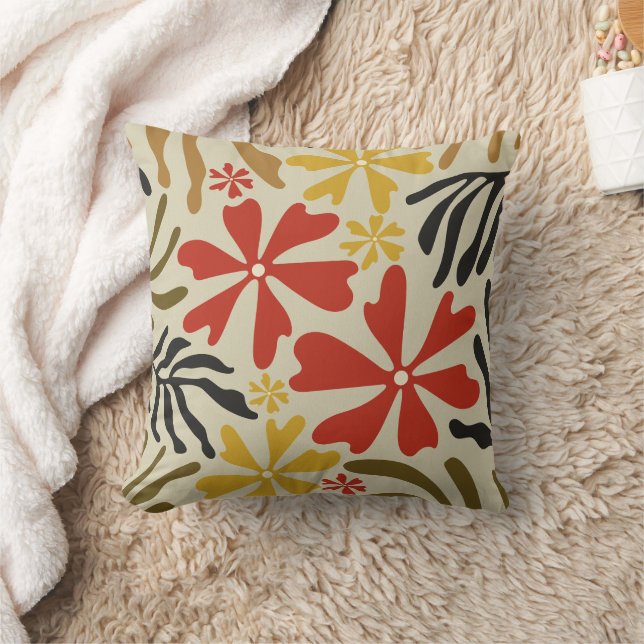 Groovy Flowers and Leaves Red, Yellow, Brown Cushion (Blanket)