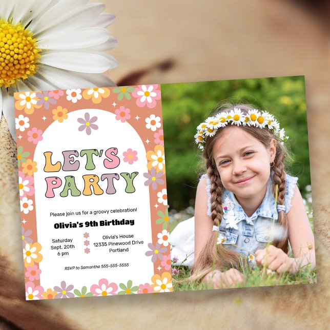 Groovy Flowers Girl's Hippie Photo Birthday Party Invitation (Creator Uploaded)