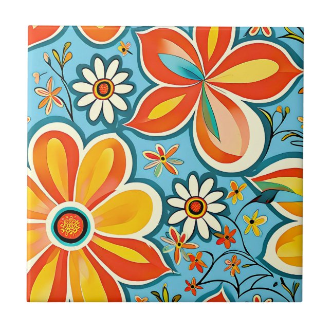 Groovy Flowers with Vintage Vibes Ceramic Tile (Front)