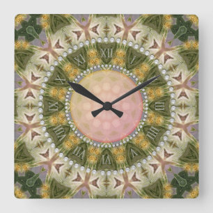 Groovy Forest Green Gold Square Wall Clock