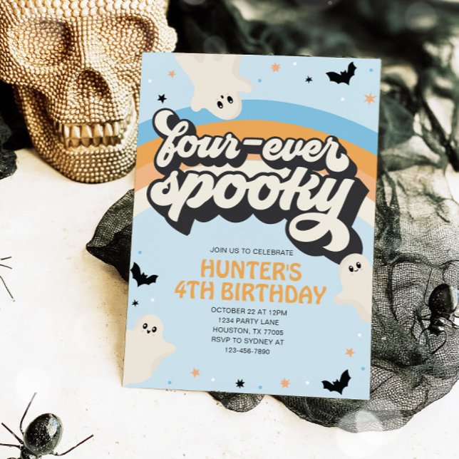 Groovy Four-ever Spooky Boy 4th Birthday Halloween Invitation (Creator Uploaded)