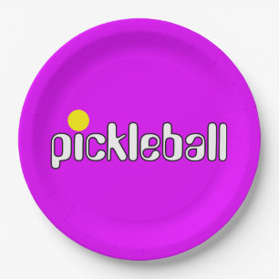 Groovy Fun PICKLEBALL Text Bright Pink Background Paper Plate