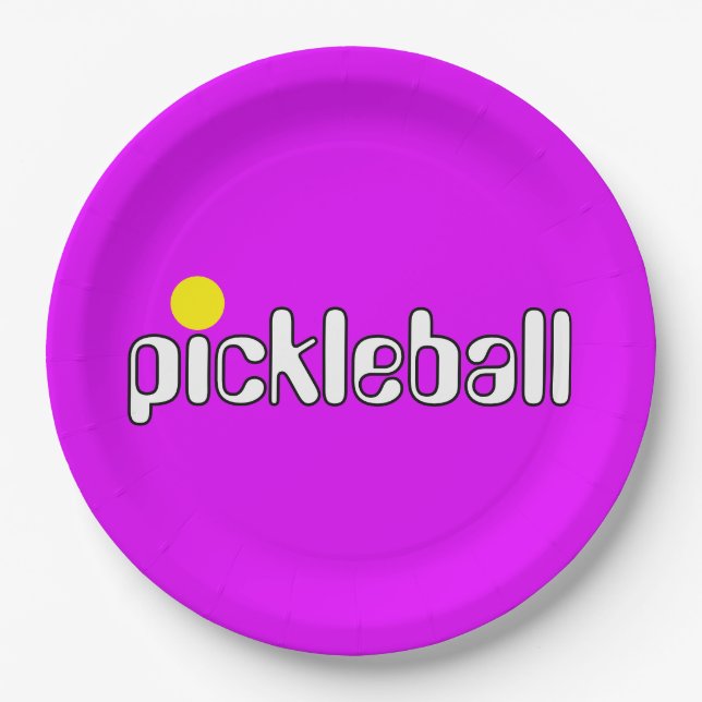 Groovy Fun PICKLEBALL Text Bright Pink Background Paper Plate (Front)