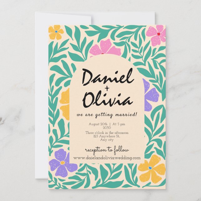 Groovy Funky Floral with QR Wedding Invitation (Front)