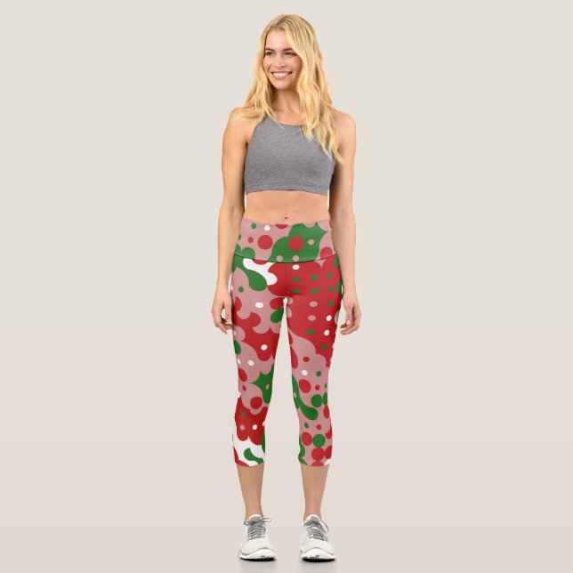 Groovy Funky Mod Retro Christmas Pattern Capri Leggings (Front)